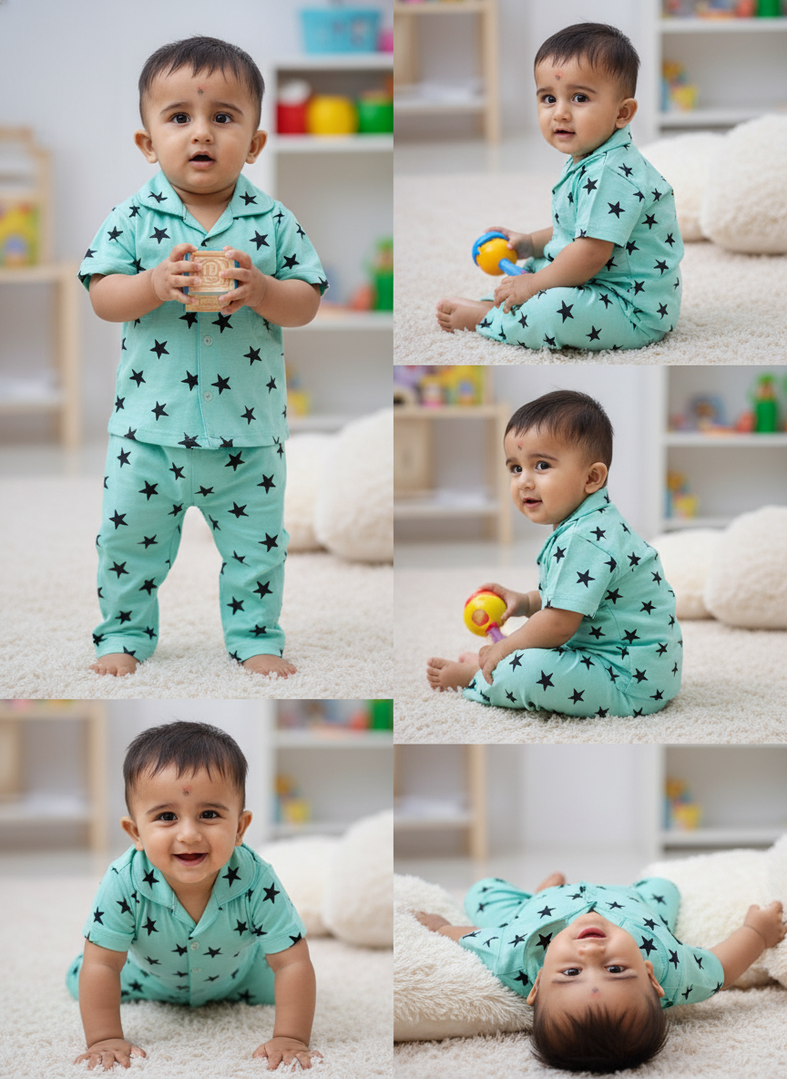 GenBeta Kids Unisex Cotton Nightwear Set | Short Sleeve Shirt & Pajama with Star Print | Soft & Breathable Daily Sleepwear for Babies & Toddlers (1-4 Y)