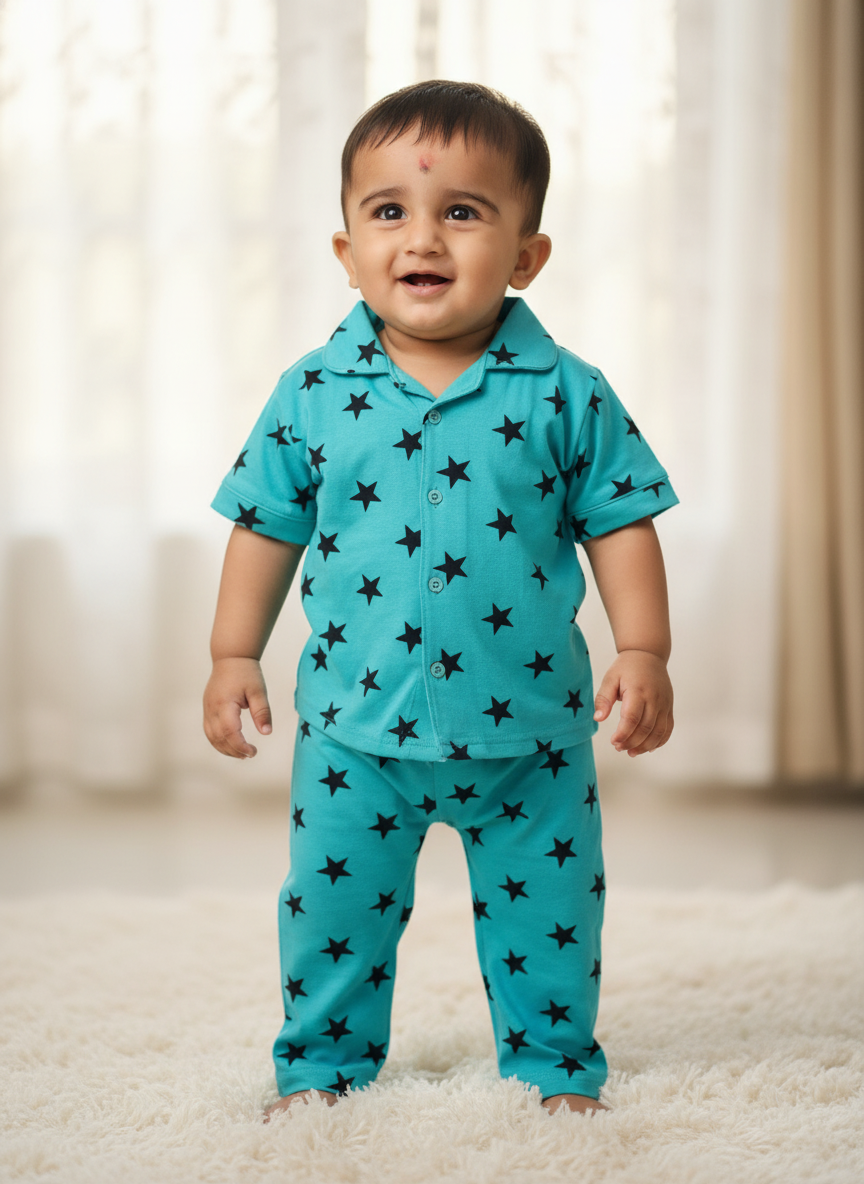 GenBeta Kids Unisex Cotton Nightwear Set | Short Sleeve Shirt & Pajama with Star Print | Soft & Breathable Daily Sleepwear for Babies & Toddlers