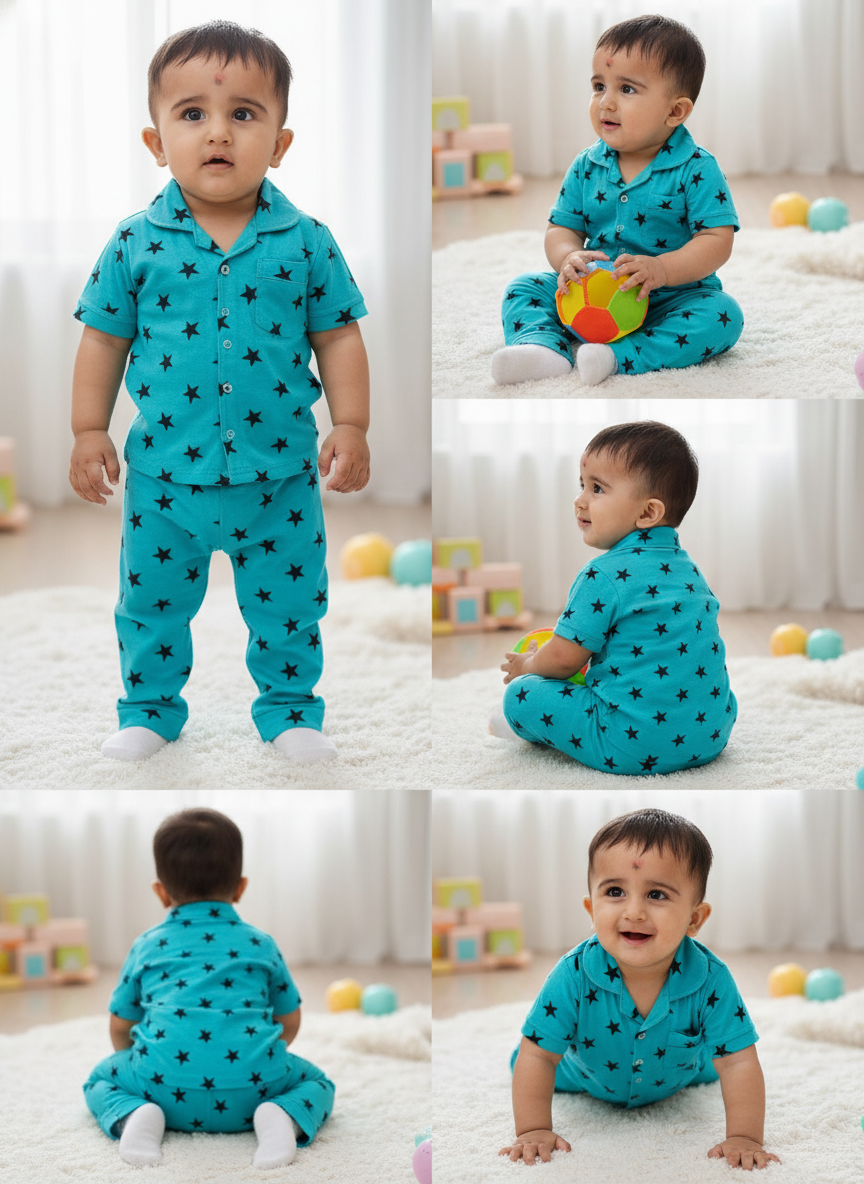 Baby in blue star print pajamas, playing and crawling on a soft carpet in a bright room