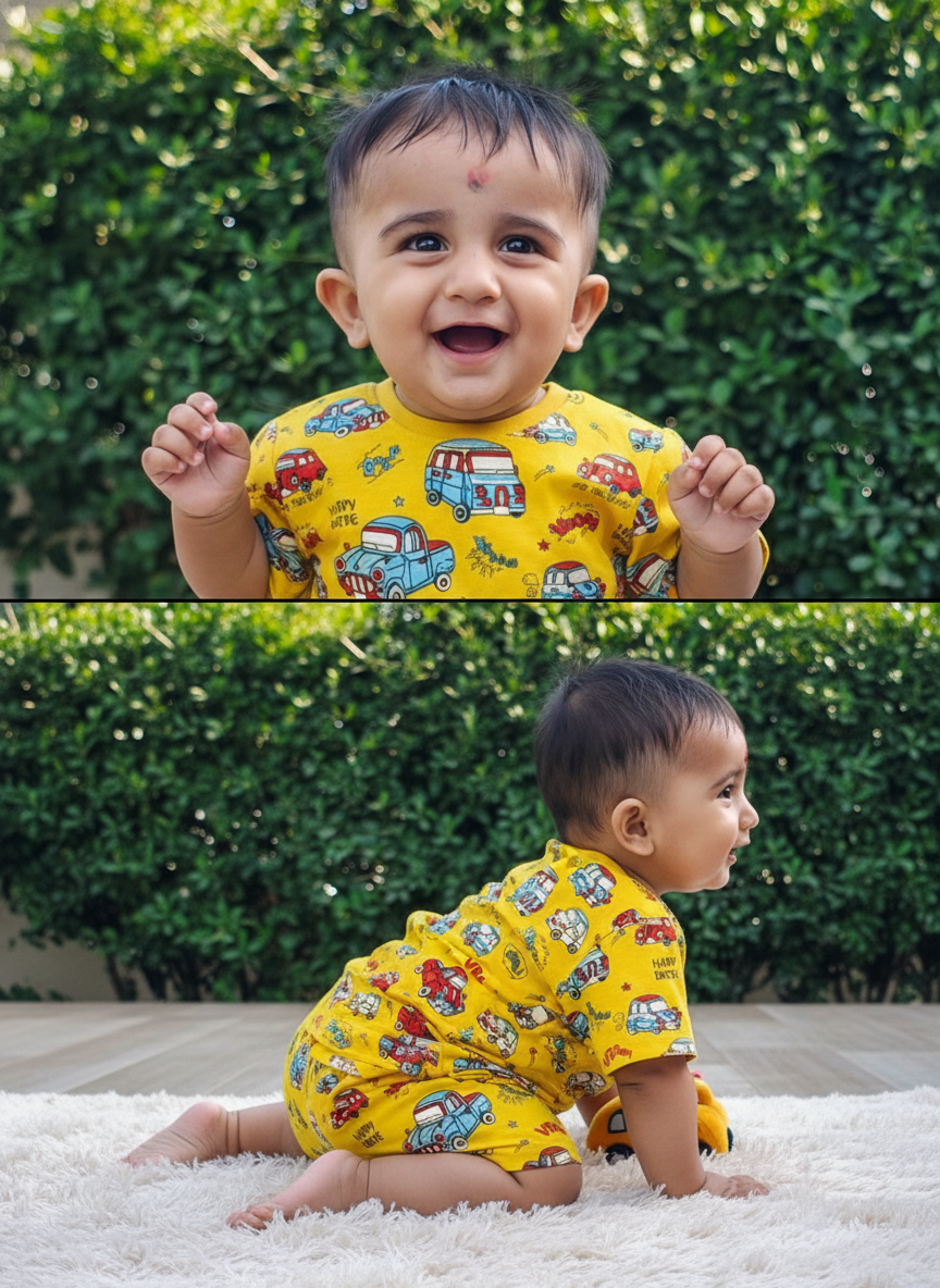 Smiling baby in yellow printed romper with cars, sitting and crawling on a white rug outdoors