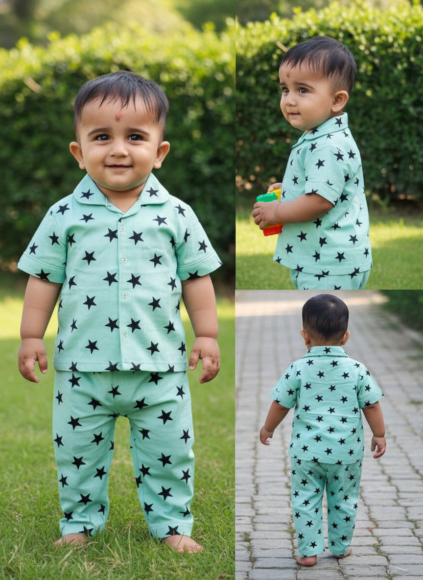 GenBeta Kids Unisex Cotton Nightwear Set | Short Sleeve Shirt & Pajama with Star Print | Soft & Breathable Daily Sleepwear for Babies & Toddlers (1-4 Y)