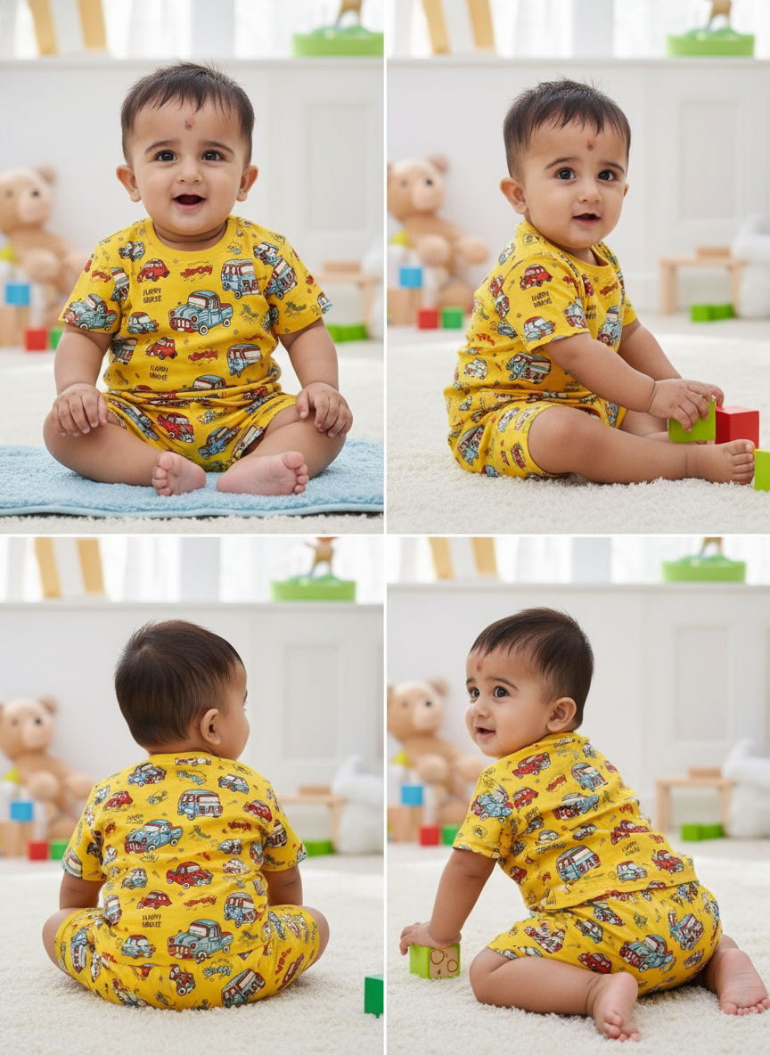 Smiling baby wearing yellow vehicle-print romper, sitting and playing in a cozy nursery
