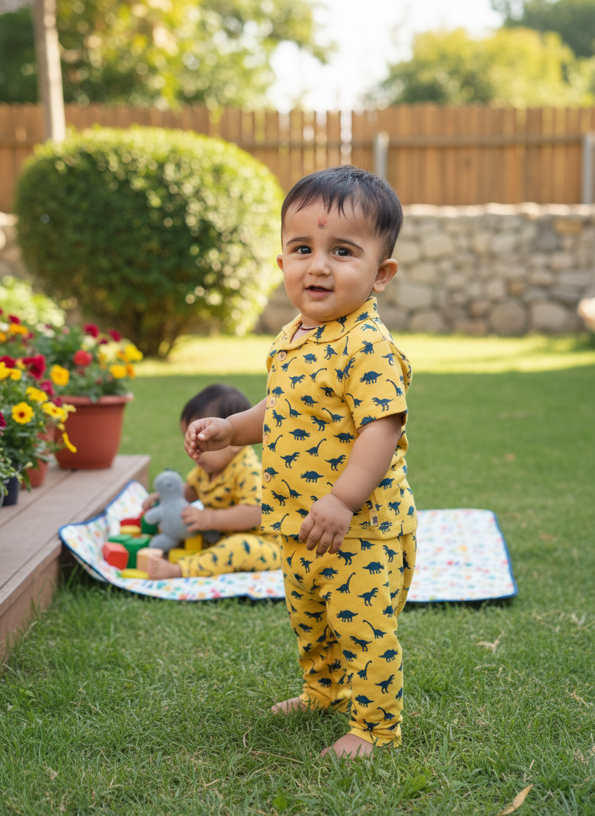 GenBeta Kids Unisex Cotton Nightwear Set | Short Sleeve Shirt & Pajama with Dinosaur Print | Soft & Breathable Daily Sleepwear for Babies & Toddlers