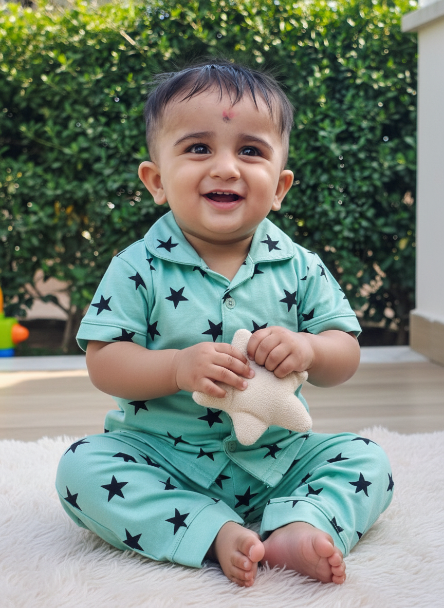 GenBeta Kids Unisex Cotton Nightwear Set | Short Sleeve Shirt & Pajama with Star Print | Soft & Breathable Daily Sleepwear for Babies & Toddlers (1-4 Y)