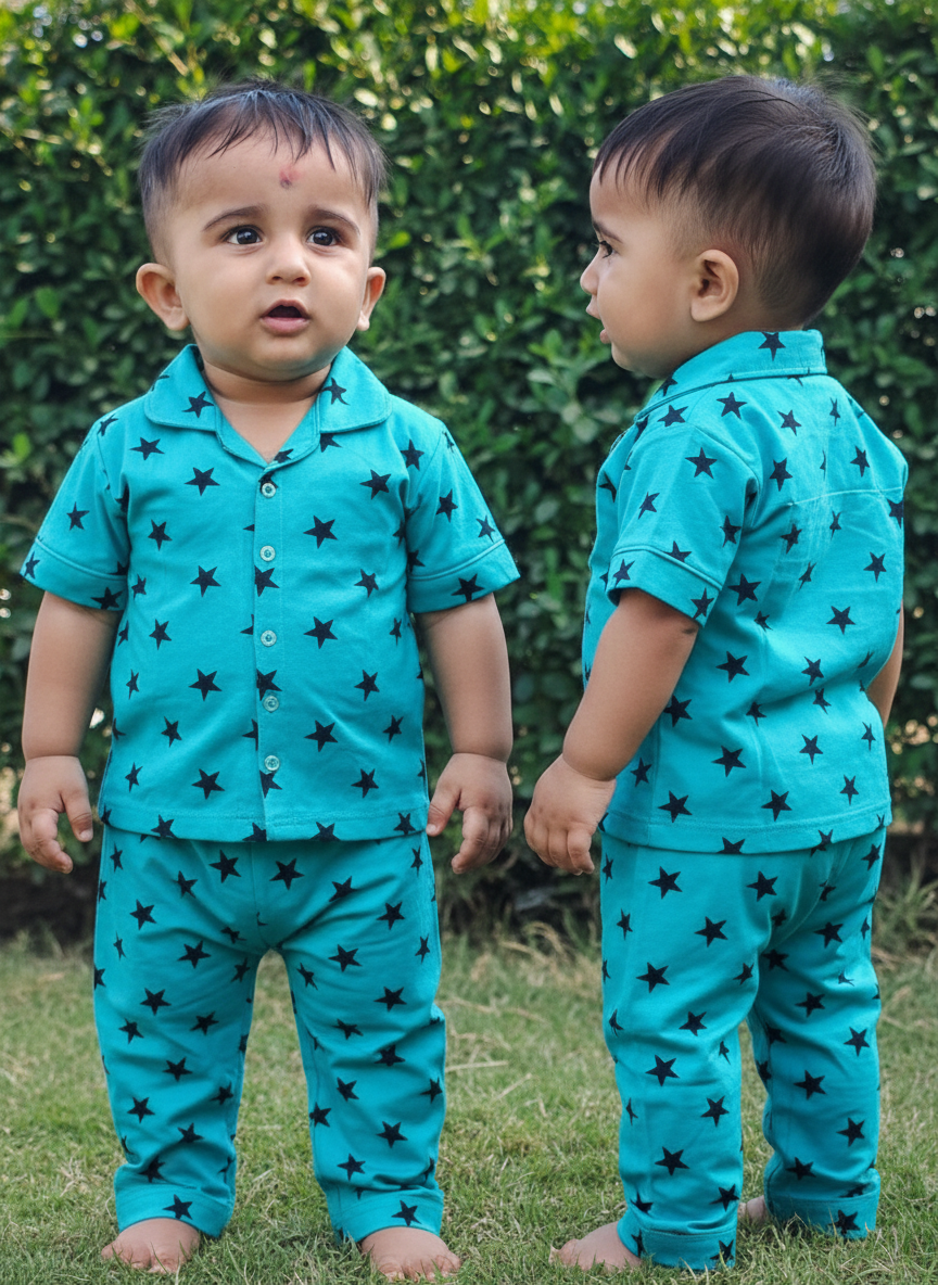 Two toddlers wearing matching blue star print pajamas standing on grass outdoors