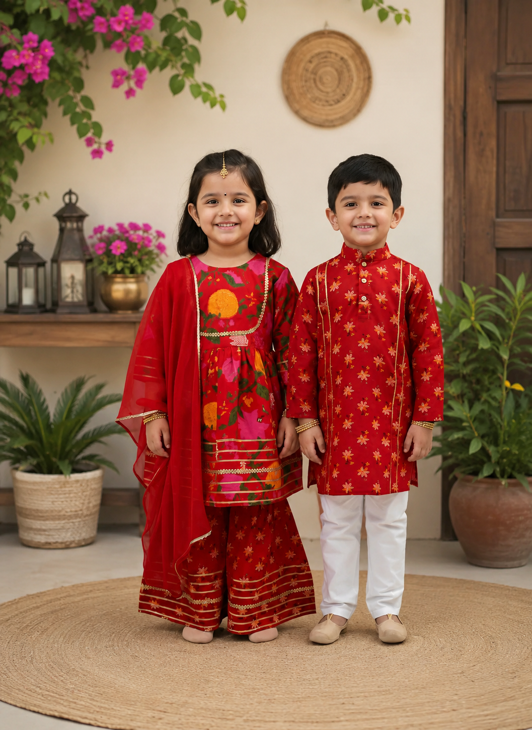 GenBeta Kids Sibling Ethnic Wear Set | Combo of Girls Floral Sharara Suit & Boys Kurta Pajama | Indian Traditional Festive & Wedding Outfit - Image 4