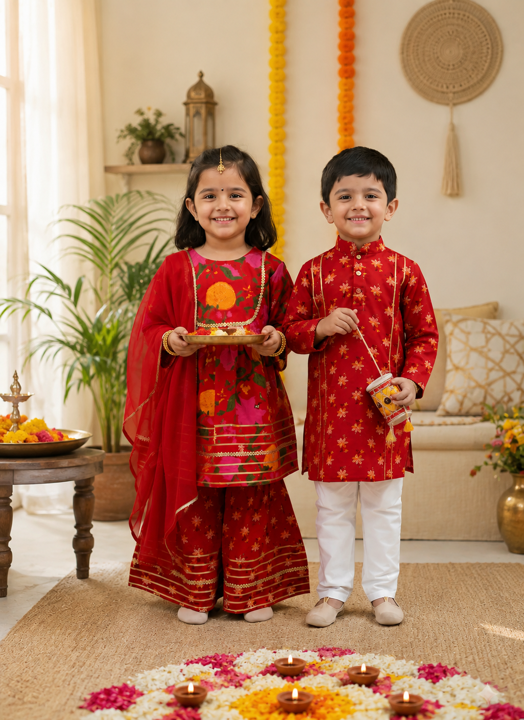 GenBeta Kids Sibling Ethnic Wear Set | Combo of Girls Floral Sharara Suit & Boys Kurta Pajama | Indian Traditional Festive & Wedding Outfit