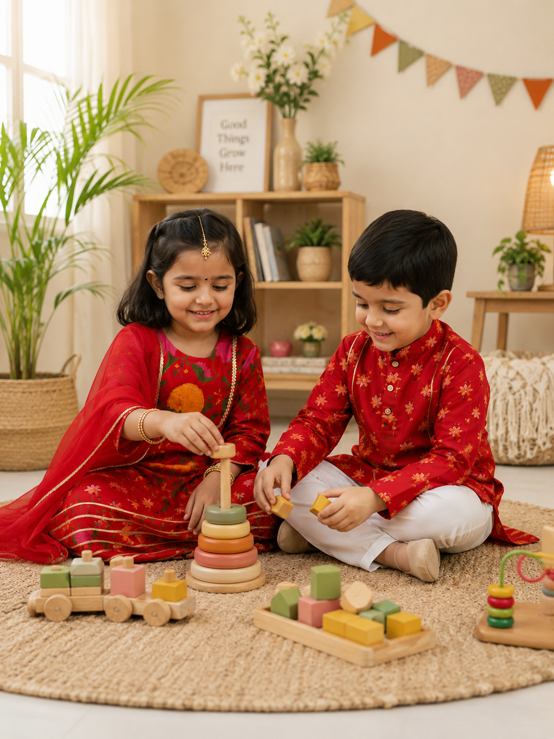 GenBeta Kids Sibling Ethnic Wear Set | Combo of Girls Floral Sharara Suit & Boys Kurta Pajama | Indian Traditional Festive & Wedding Outfit - Image 5