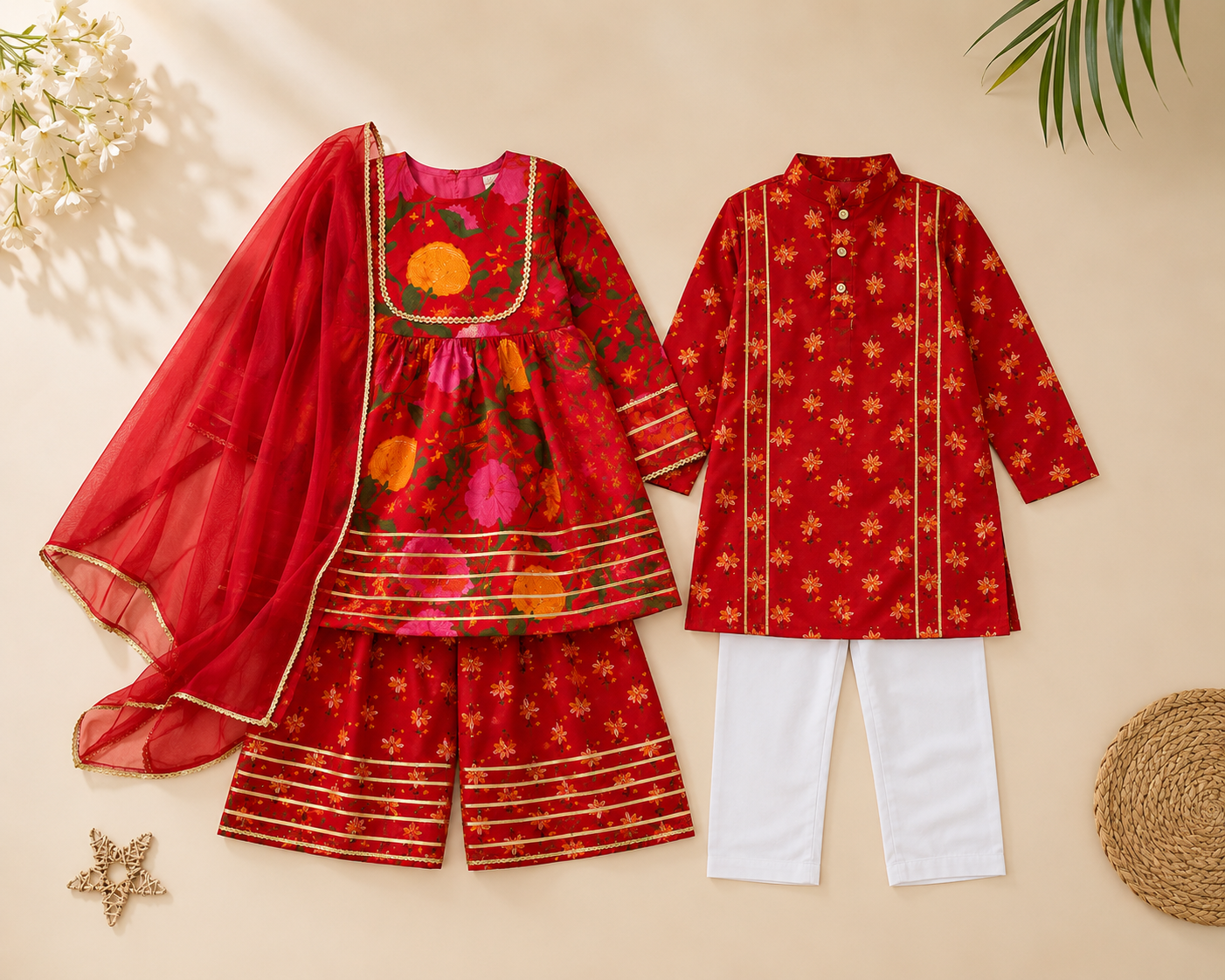 GenBeta Kids Sibling Ethnic Wear Set | Combo of Girls Floral Sharara Suit & Boys Kurta Pajama | Indian Traditional Festive & Wedding Outfit - Image 2