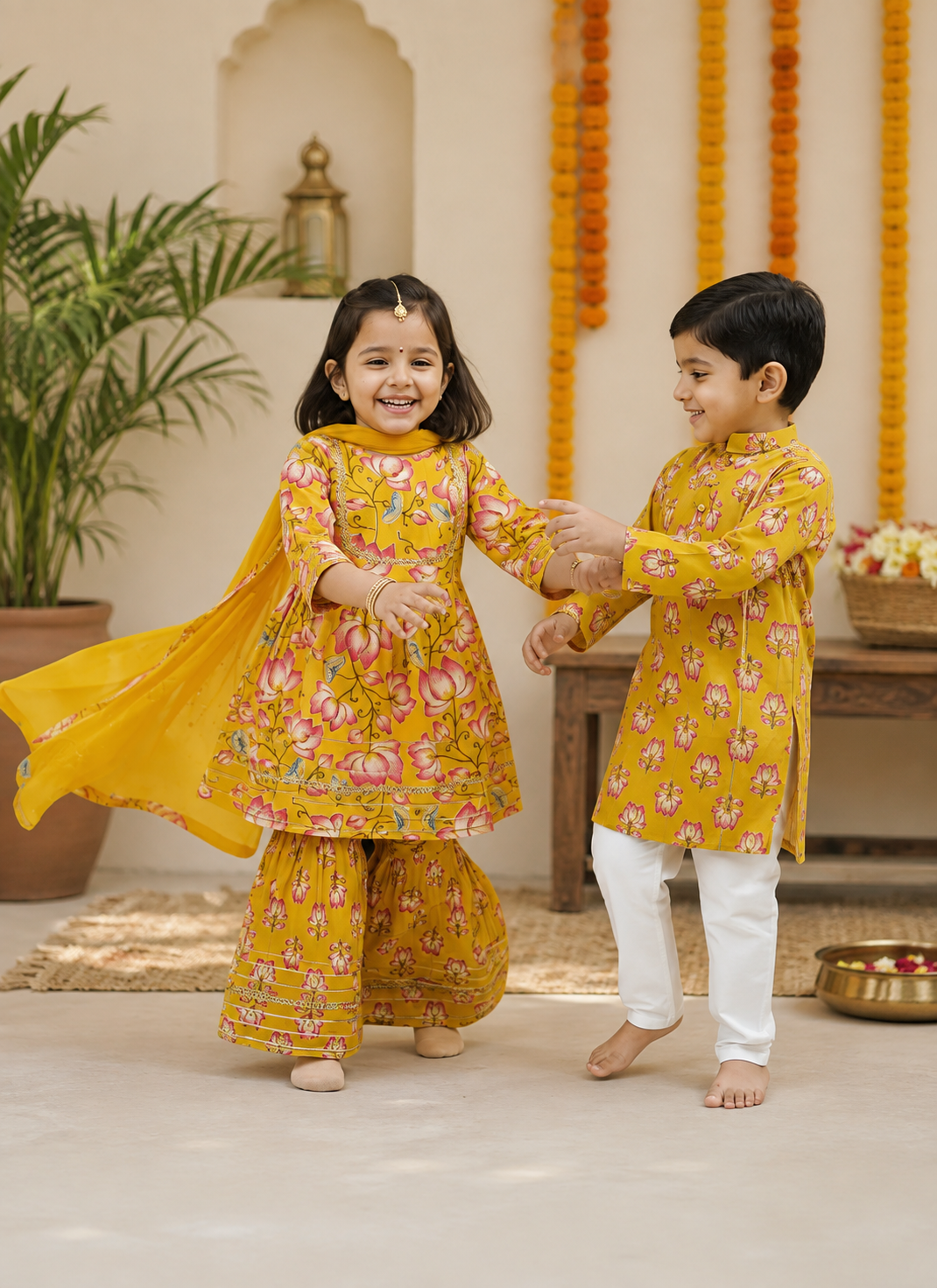 GenBeta Kids Sibling Ethnic Wear Set | Combo of Girls Floral Sharara Suit & Boys Kurta Pajama | Indian Traditional Festive & Wedding Outfit