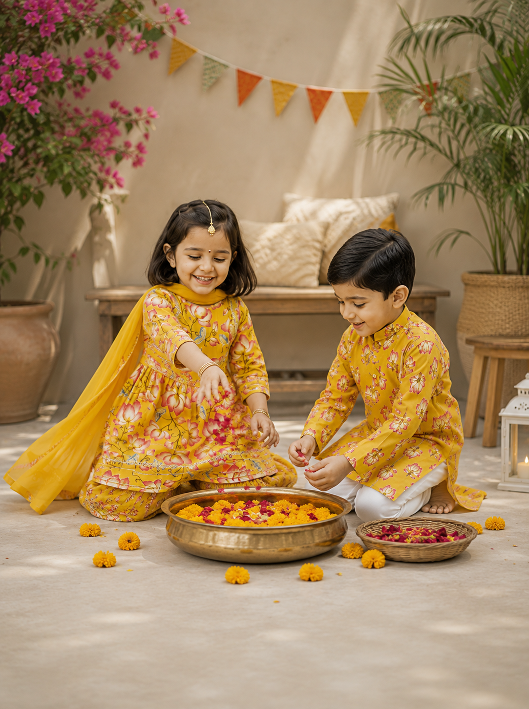 GenBeta Kids Sibling Ethnic Wear Set | Combo of Girls Floral Sharara Suit & Boys Kurta Pajama | Indian Traditional Festive & Wedding Outfit - Image 4