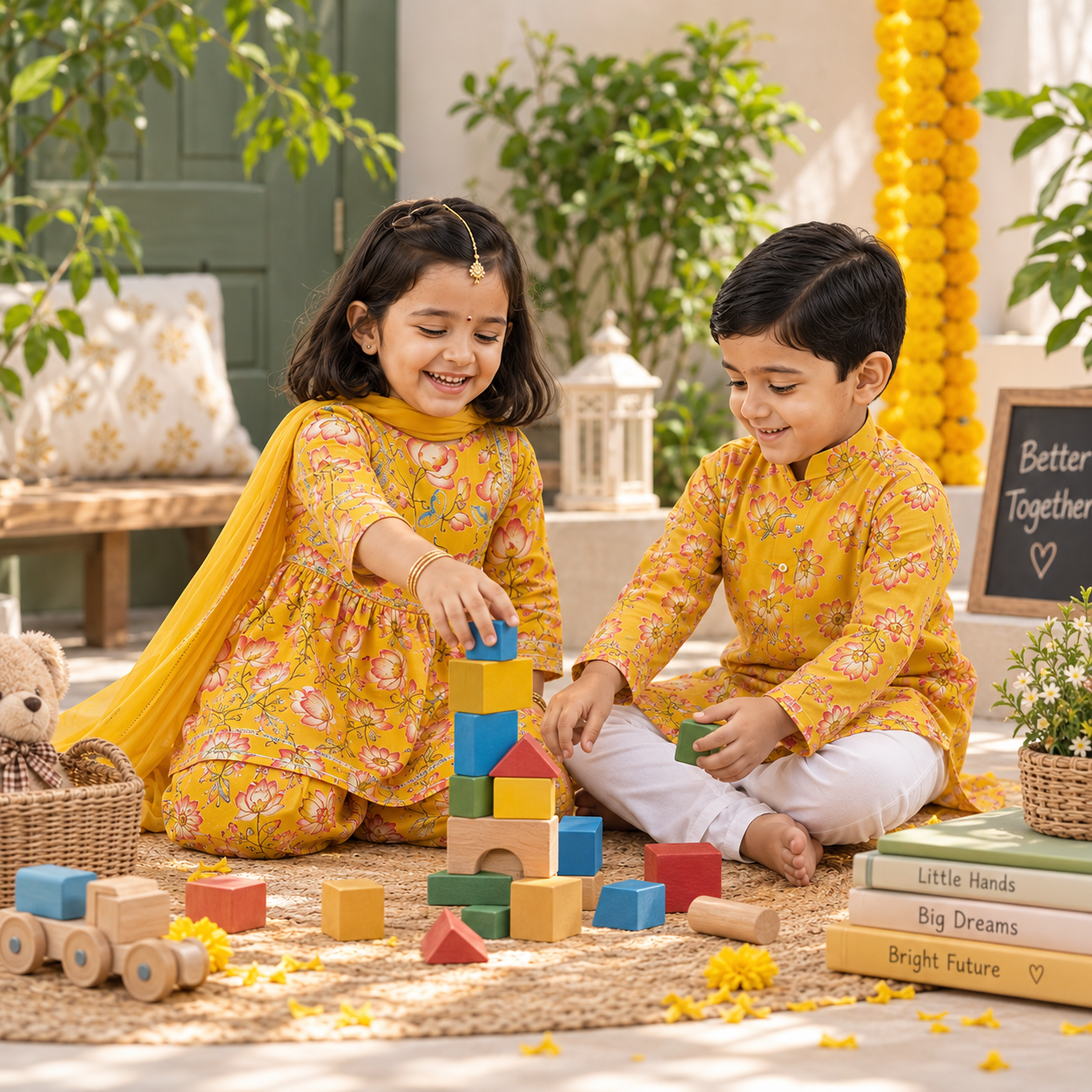 GenBeta Kids Sibling Ethnic Wear Set | Combo of Girls Floral Sharara Suit & Boys Kurta Pajama | Indian Traditional Festive & Wedding Outfit - Image 5