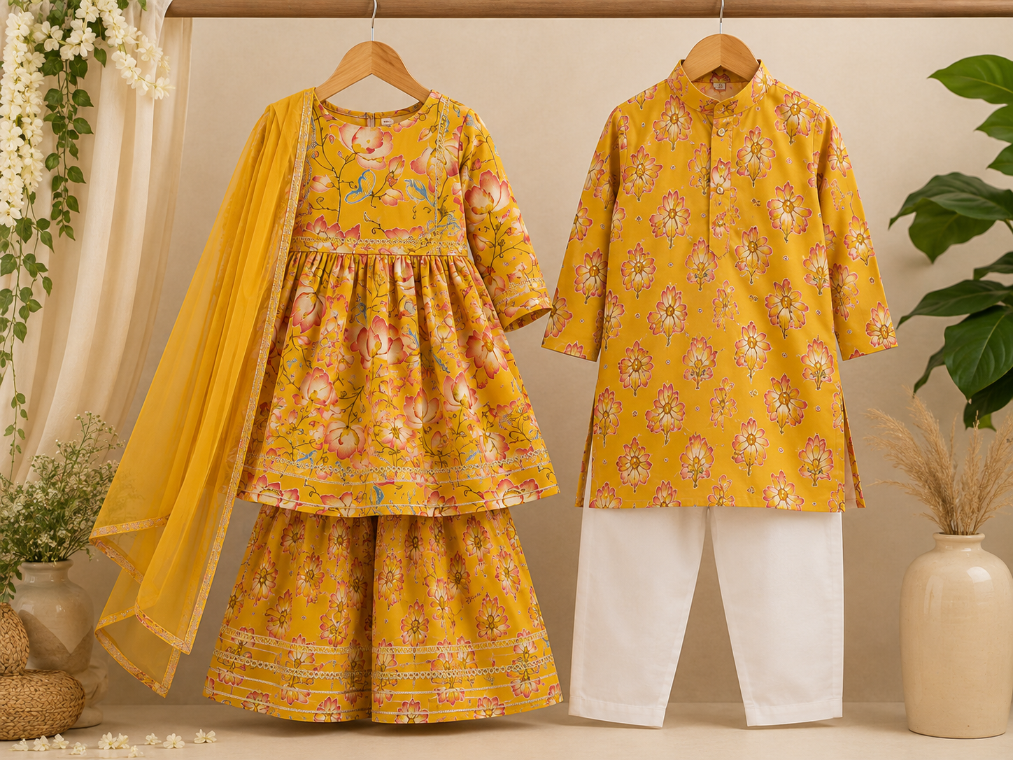 GenBeta Kids Sibling Ethnic Wear Set | Combo of Girls Floral Sharara Suit & Boys Kurta Pajama | Indian Traditional Festive & Wedding Outfit - Image 2