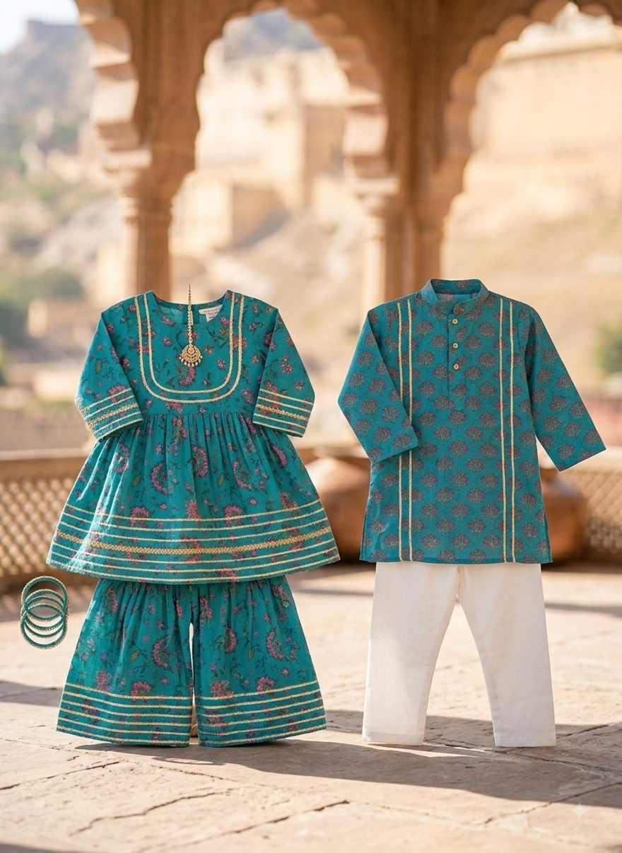 GenBeta Kids Sibling Ethnic Wear Set | Combo of Girls Floral Sharara Suit & Boys Kurta Pajama | Indian Traditional Festive & Wedding Outfit - Image 3