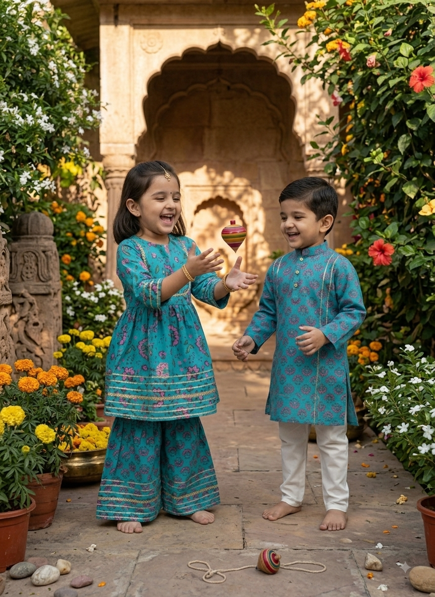 GenBeta Kids Sibling Ethnic Wear Set | Combo of Girls Floral Sharara Suit & Boys Kurta Pajama | Indian Traditional Festive & Wedding Outfit