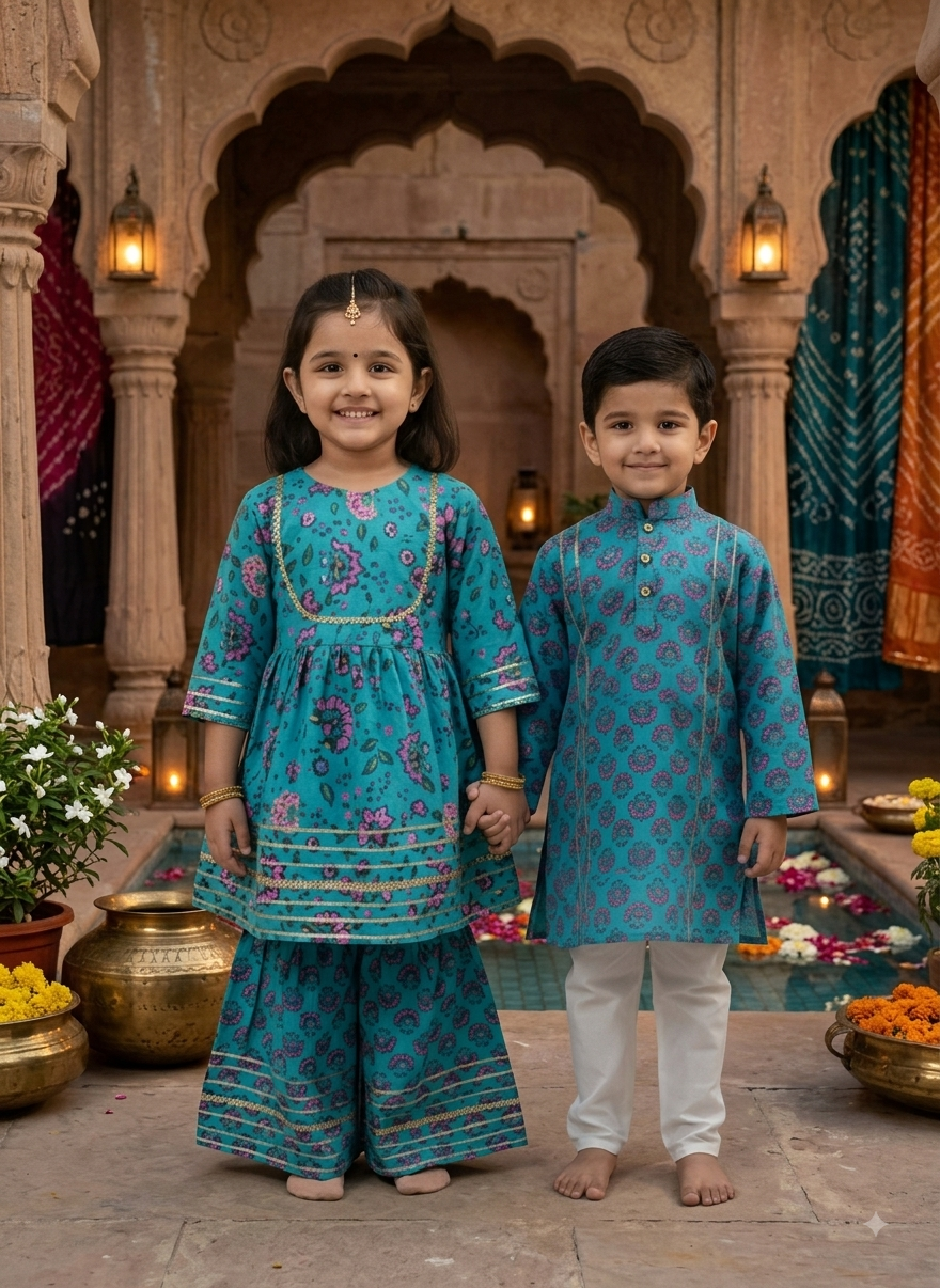 GenBeta Kids Sibling Ethnic Wear Set | Combo of Girls Floral Sharara Suit & Boys Kurta Pajama | Indian Traditional Festive & Wedding Outfit - Image 2